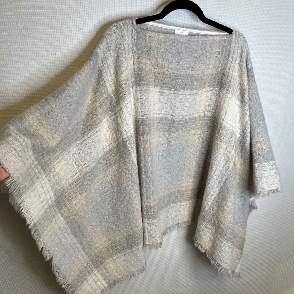 J. Jill Womens Grey Plaid Fringed Poncho Wrap Sweater Boat Neck S-L